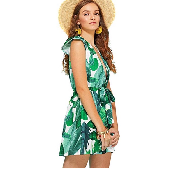 Hot Tropics Leaf Print Knot Front Boho Romper - Picture 3 of 4